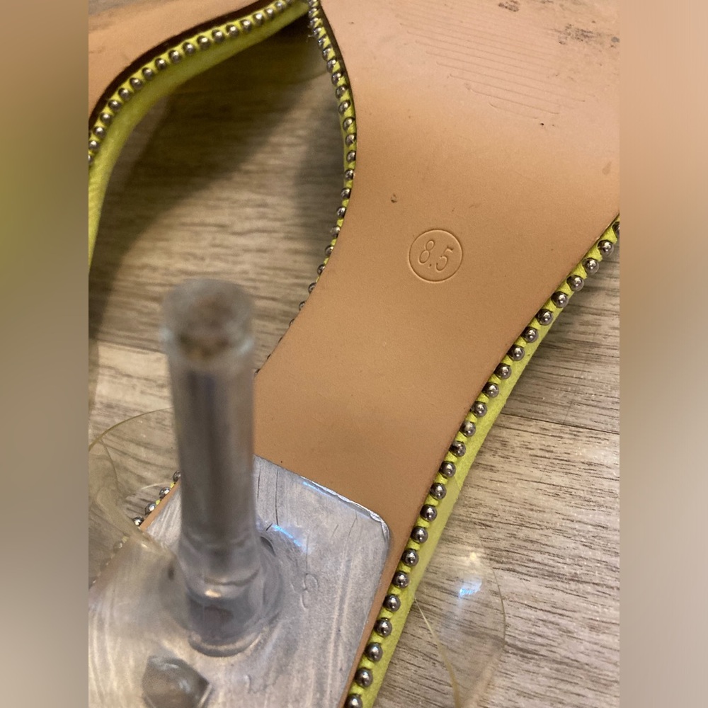 Fashion Nova Neon Yellow Green Heels Silver Studs Clear Adjustable Straps 8.5 - Picture 14 of 16